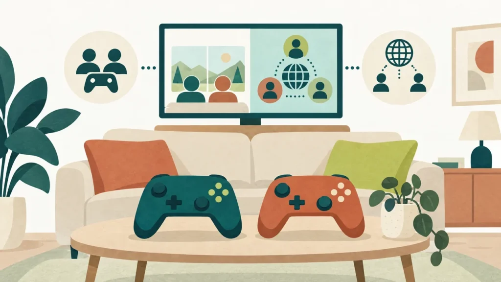 Zwei unbeschriftete Controller vor einem Sofa, ergänzt um abstrakte Verbindungssymbole.