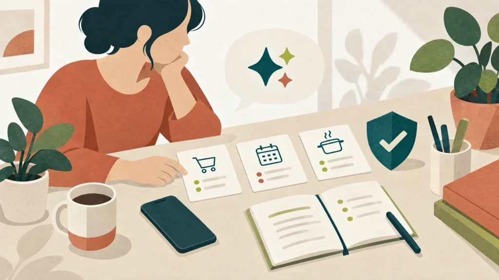 Smartphone, Notizbuch, Aufgabenblätter und ein kleines Schutzschild als Illustration für KI im Alltag.