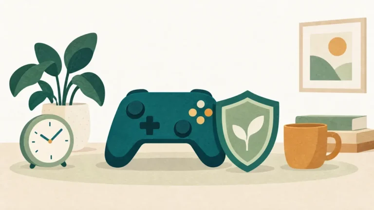 Ein neutraler Spielcontroller neben einem Schutzschild und einer Uhr als Symbol für elterliche Spielregeln.