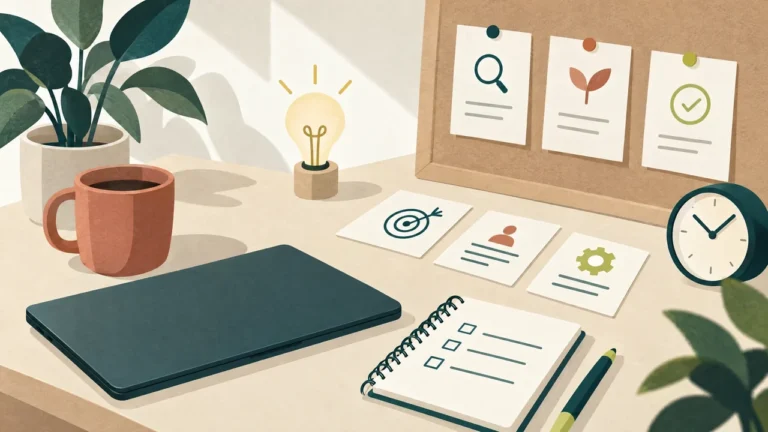 Notizbuch, Ideensymbol, Planungskarten und Uhr neben einem Laptop als Illustration für ein kleines Nebenprojekt.