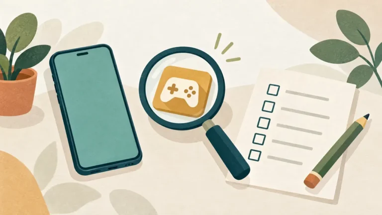 Eine Lupe betrachtet eine abstrakte Spielekachel neben Smartphone und unbeschrifteter Checkliste.