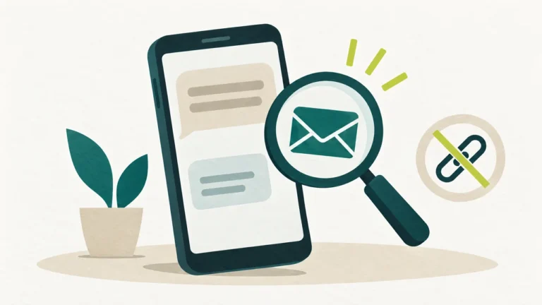 Illustration eines Smartphones mit abstrakten Nachrichtenfeldern, einer Lupe und einem durchgestrichenen Linksymbol.