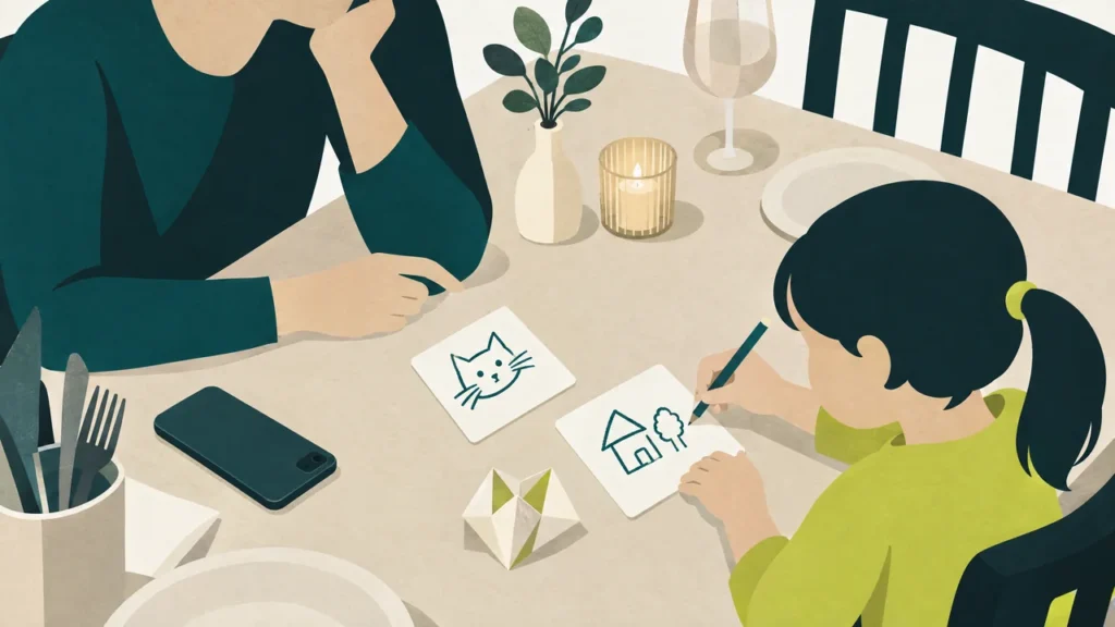 Illustration: Ein Kind zeichnet am Restauranttisch auf Papier; ein Smartphone liegt mit dem Display nach unten daneben.